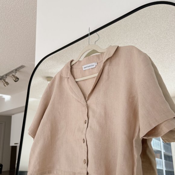 Camp Collar 100% Linen Shirt, Warm Beige - Picture 3 of 5